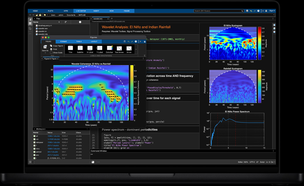 Scherm van een MacBook Pro met MATLAB, dat wordt gebruikt voor het verwerken en visualiseren van geo-ruimtelijke gegevens