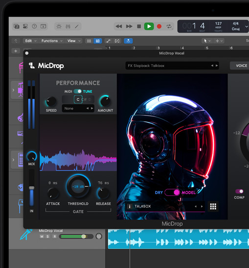 Schermcontent op MacBook Pro met de MicDrop-plug‑in die AI-features gebruikt om een opname te bewerken in Logic Pro