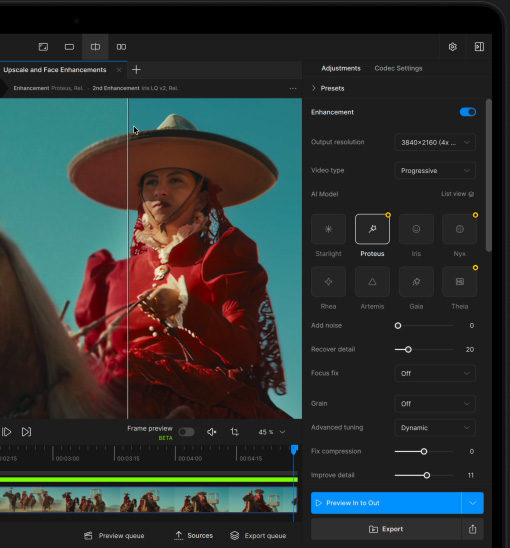 Een MacBook Pro-scherm met een video die met AI wordt verbeterd in Topaz Video
