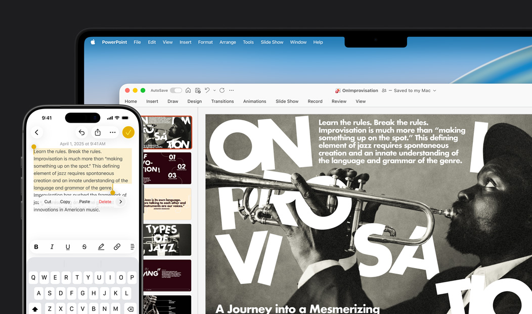 iPhone 16 Plus met gemarkeerde tekst in de Notities-app,  MacBook Pro met een geopende PowerPoint-dia, tekst uit de Notities-app is zichtbaar op de dia