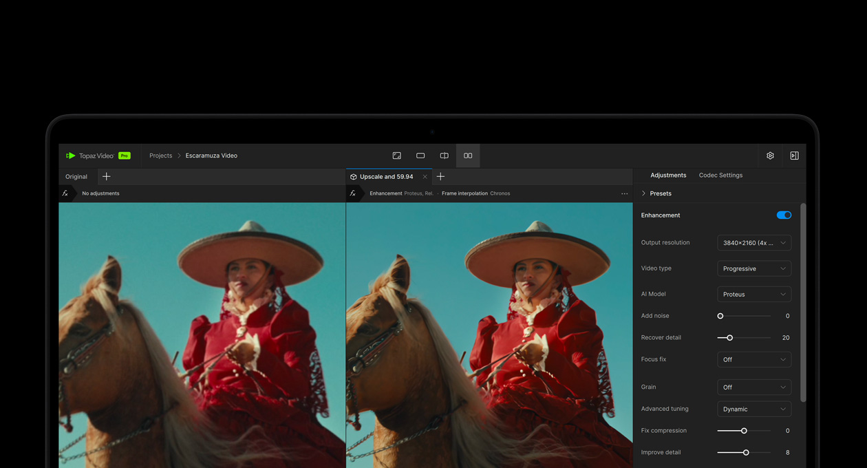 Een MacBook Pro-scherm met een video die met AI wordt verbeterd in Topaz Video