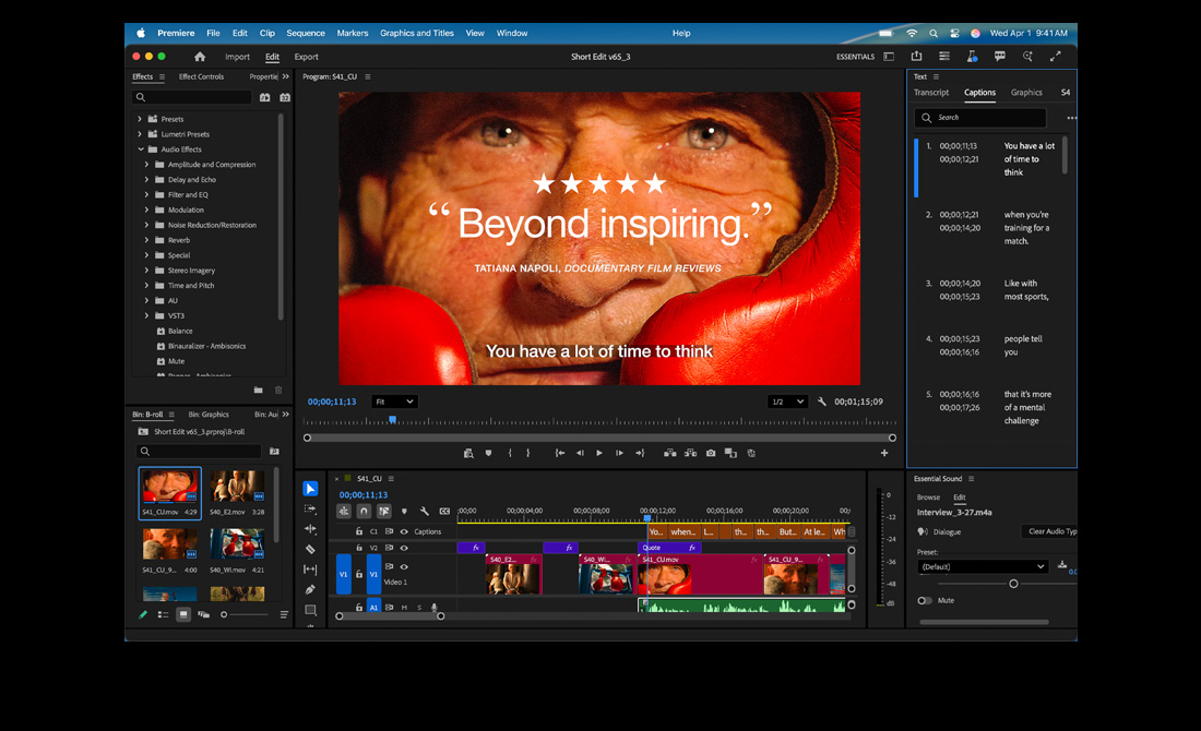 MacBook Pro-scherm waarop een film met de titel Eternal Play wordt bewerkt in Adobe Premiere