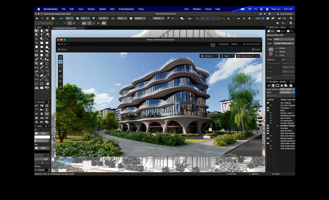 Scherm van MacBook Pro met Vectorworks Design Suite en Maxon Redshift