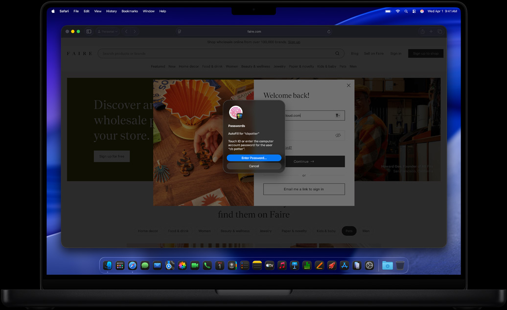 Fenêtre invitant à utiliser Touch ID pour se connecter à un site Internet dans Safari