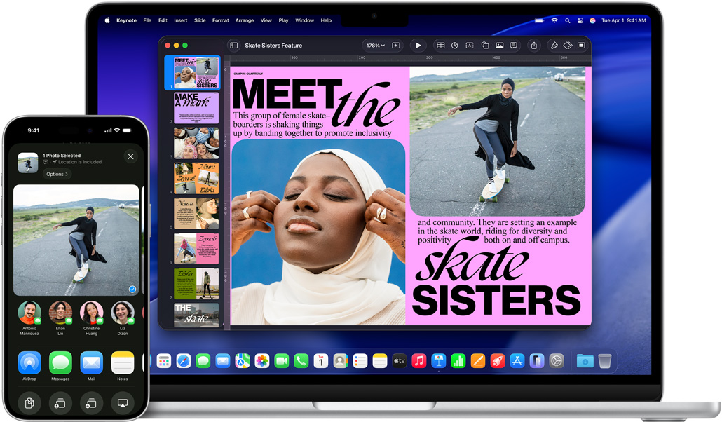 iPhone 16 Plus avec l’app Photos ouverte, MacBook Air 13 pouces avec une diapositive Keynote ouverte, la même photo que sur iPhone est visible sur la diapositive