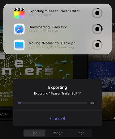 قائمة بالأنشطة المباشرة قيد التقدم والتشغيل في وقت واحد، وهي تتضمن تصدير مقطع دعائي، وتنزيل ملفات كبيرة، ونقل 