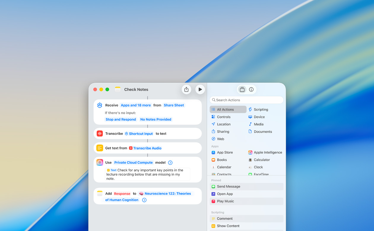 Close-up van een gebruiker die een opdracht bouwt met de actie Gebruik Model in de Notities-app