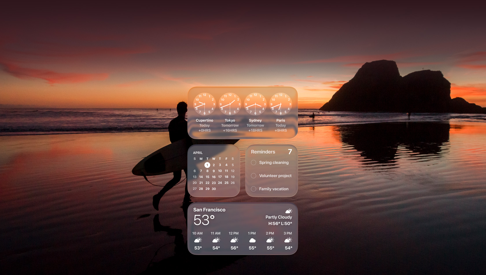 Liquid Glass-widgets van Klok, Agenda, Herinneringen en Weer voor een afbeelding van een surfer die bij zonsondergang op het strand loopt