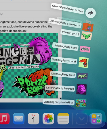 Close-up van het Dock onderaan het scherm met een reeks bestanden die verticaal uitwaaieren vanuit het Dock