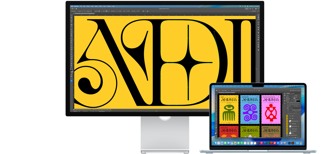 Un Studio Display et un portable Mac affichant un projet en cours dans plusieurs programmes Adobe, le Studio Display affiche en gros plan du texte noir sur fond jaune doré, le revêtement antireflet aide à réduire les reflets