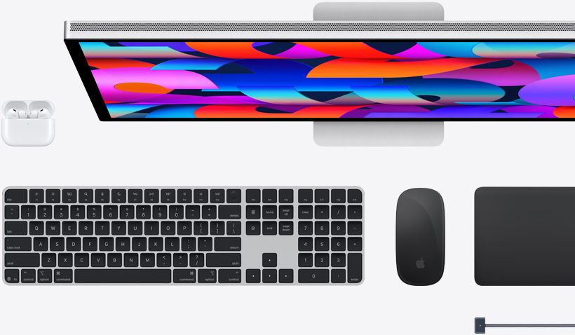 Accessoires Mac : AirPods, Studio Display, Magic Keyboard, Magic Mouse, Magic Trackpad, câble de charge MagSafe