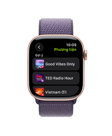 Apple Watch Series 11, rose gold color, aluminum case, Apple Music, music and podcast suggestions, right side exterior, Digital Crown, band, purple fog Sport Loop