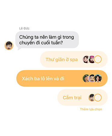 Thăm dò ý kiến trong Tin Nhắn, mọi người trong cuộc trò chuyện nhóm đang bỏ phiếu quyết định địa điểm cho chuyến đi cuối tuần